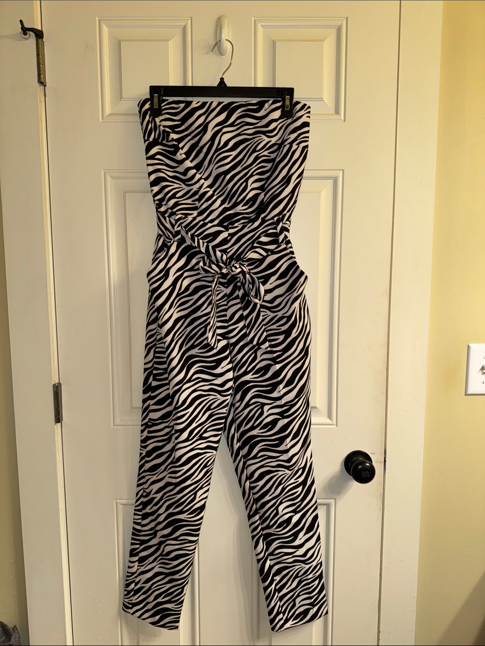 New York & Company Black and White Zebra Strapless Tie-Waist Jumpsuit